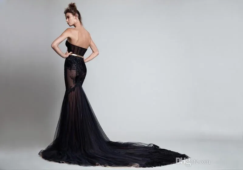 Elegante Nero Abiti da ballo Sweetheart Senza Maniche Backless Della Sirena Abiti Da Sera 2020 Del Merletto di Appliques Perline Abito Speciale Occasione