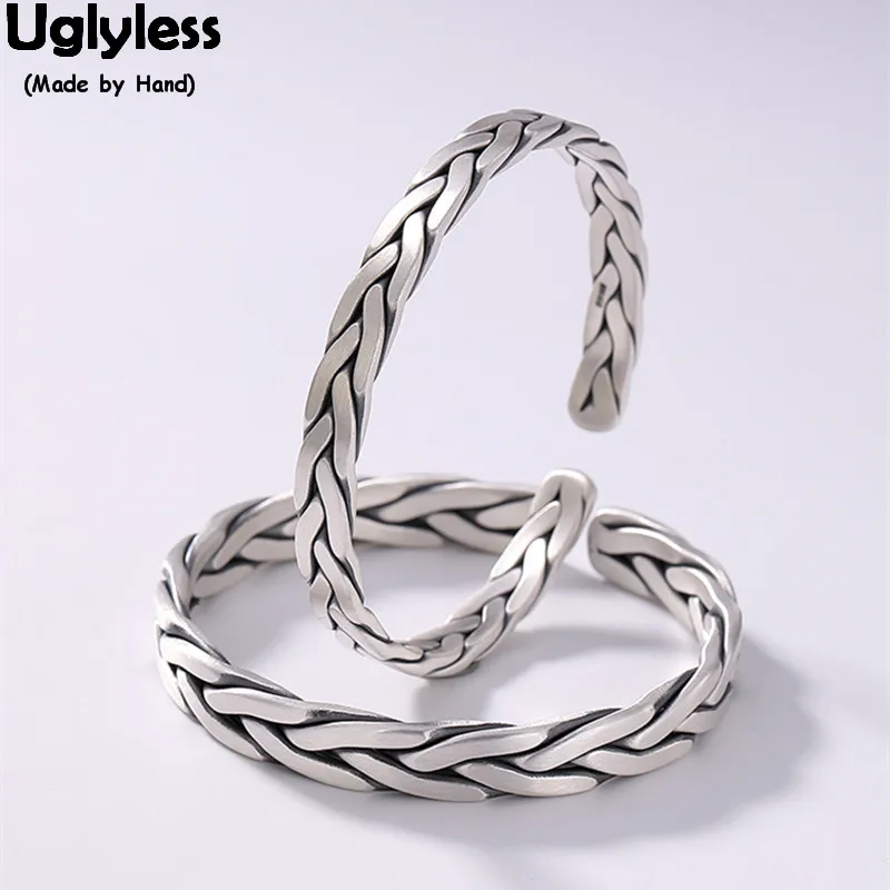 Uglyless 100% Real Solid 999 Fine Silver Handmade Woven Bracelets Lovers Open Bangles Twisted Thai Silver Couples Fine Jewelry