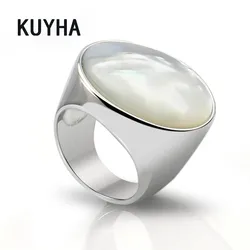 Vintage Simple Big Round Ring Stainless Steel Jewelry Delicate White Pearl Opal Stone Wedding Engagement Rings for Women