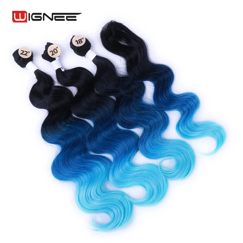 Wignee  Synthetic Hair Extension For Black Women Colorful Hair Bundles With Closure 3 Tone Ombre Color Purple/Blue/Grey Hair