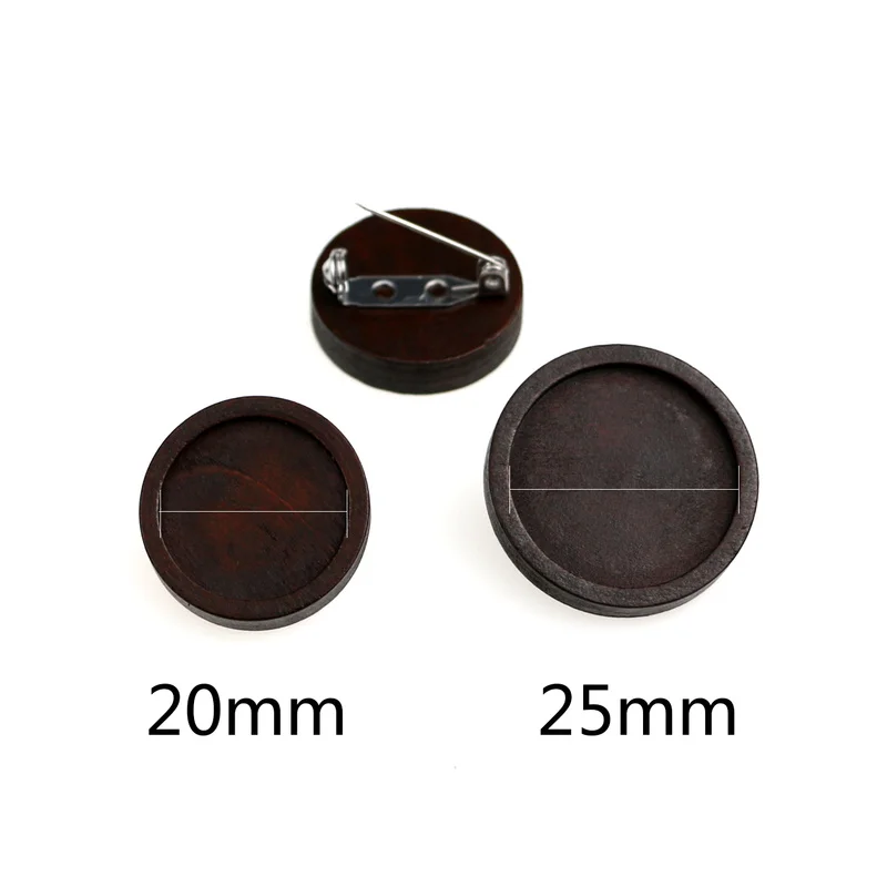 10pcs Antique Brown Blank Wood Cabochon Brooch Base Settings 20 25mm Round Bezel Tray Diy Stainless Steel Pin for Jewelry Making