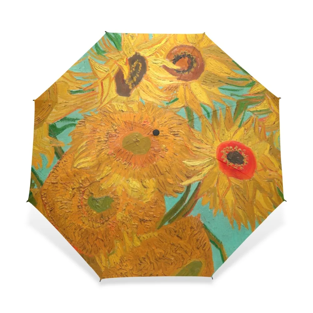 Van Gogh Sunflowers Oil Painting Sun Rain Female Umbrella Three Folding Full Automatic Windproof Men Umbrella For Painting Lover