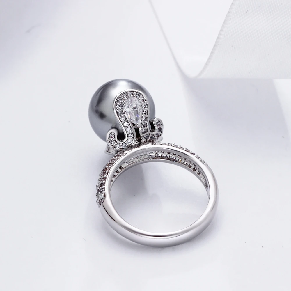 DreamCarnival 1989 Brand New Elegant Wedding Ring for Women Grey Pearl Micro Cubic Zircon Paved Jewelry Party Must Have WA11530