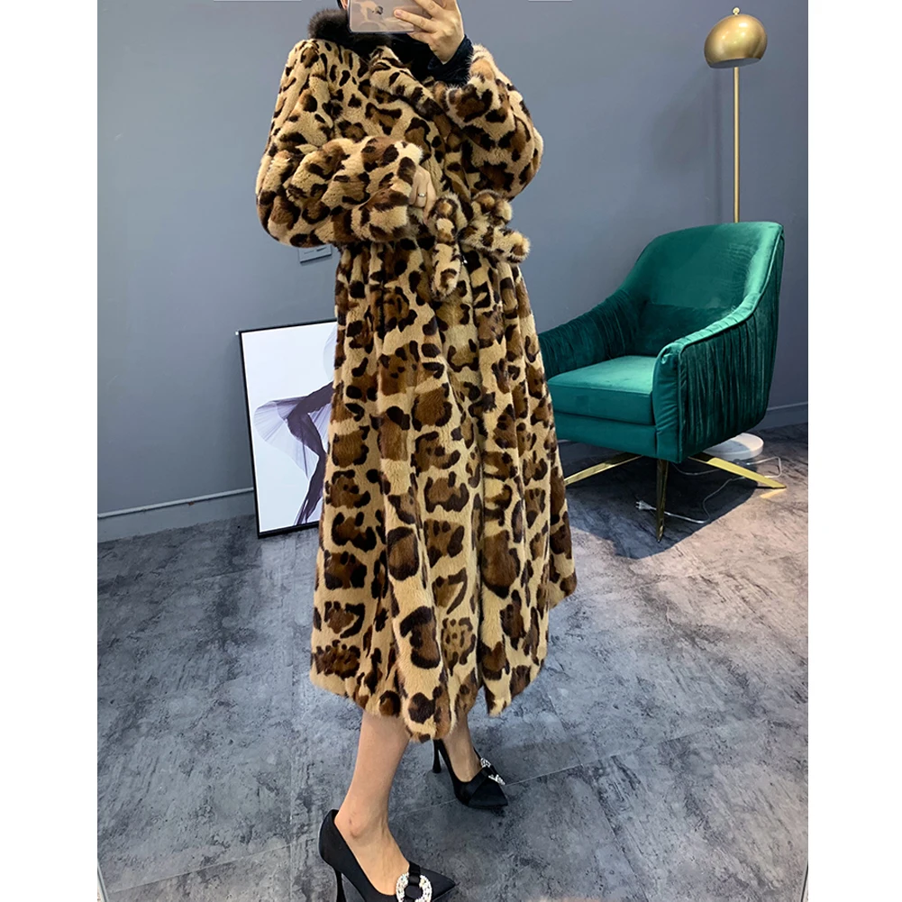 Denny&Dora Women's Imported Mink Fur Coat Leopard Fashion Long Women's Fur Coat Women's Thick Warm Fur Jacket