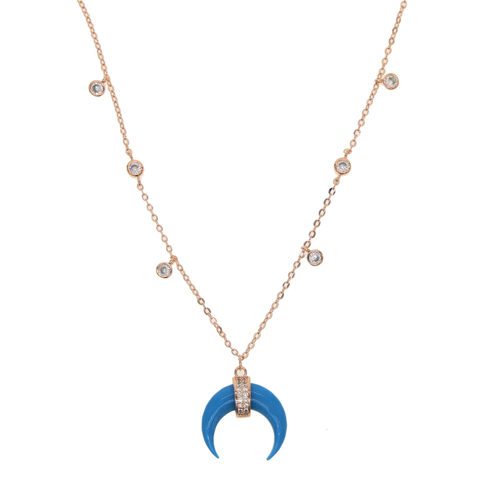 New Arrival Rose Gold Silver Color Blue Turquoises Howlite Blue Stone Crescent moon Horn trendy Necklace For Woman Boho Jewelry