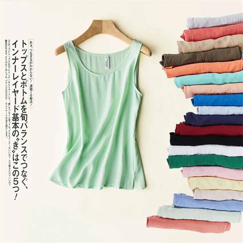 

New Casual Big Size S-5Xl Women Cotton Linen Vest Solid O-neck Tanks Tops Summer Outfits Lady Short paragraph Bottomings WZ434