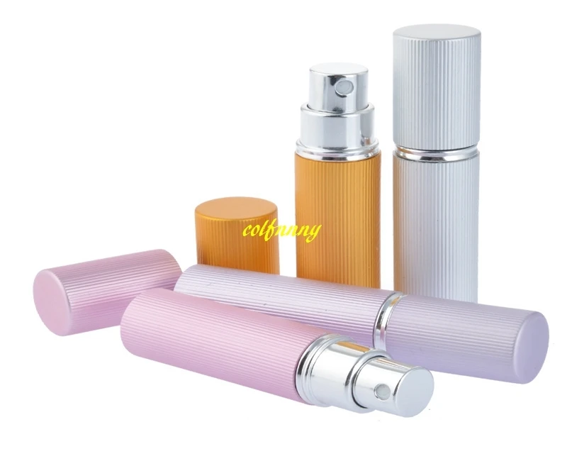 100pcs/lot Fast shipping 5ml Groove surface Aluminum Refillable Perfume Bottle Atomizer Spray Tube Containers 4 colors