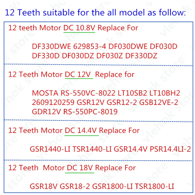 9T 11Teeth 13Teeth 14Teeth 15Teeth RS550 10.8V 12V 14.4V 18V for BOSCH DeWALT HITACHI MAKITA METABO Milwaukee Hilti Ryobi Motor