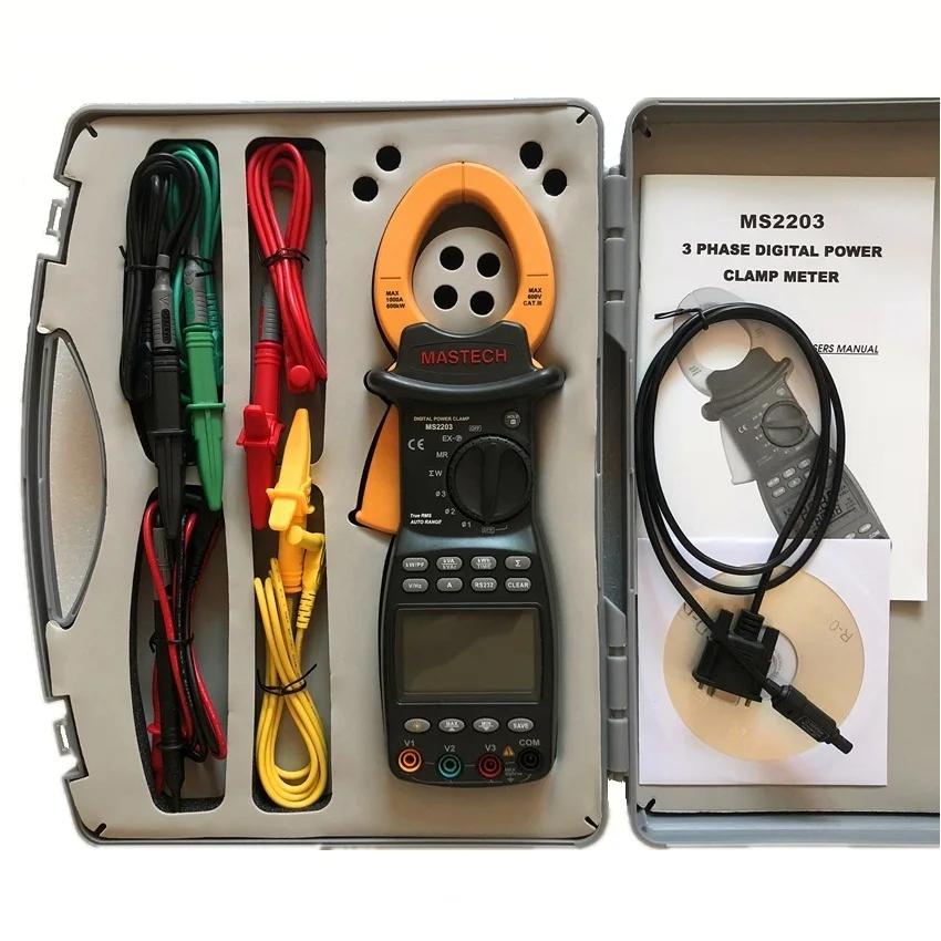 MASTECH-MS2203 Wattmeter ، 3 مراحل ، احترافي ، حساسية عالية ، مشبك ، عامل الطاقة ، تصحيح ، USB ، True-RMS ، 4 أسلاك اختبار