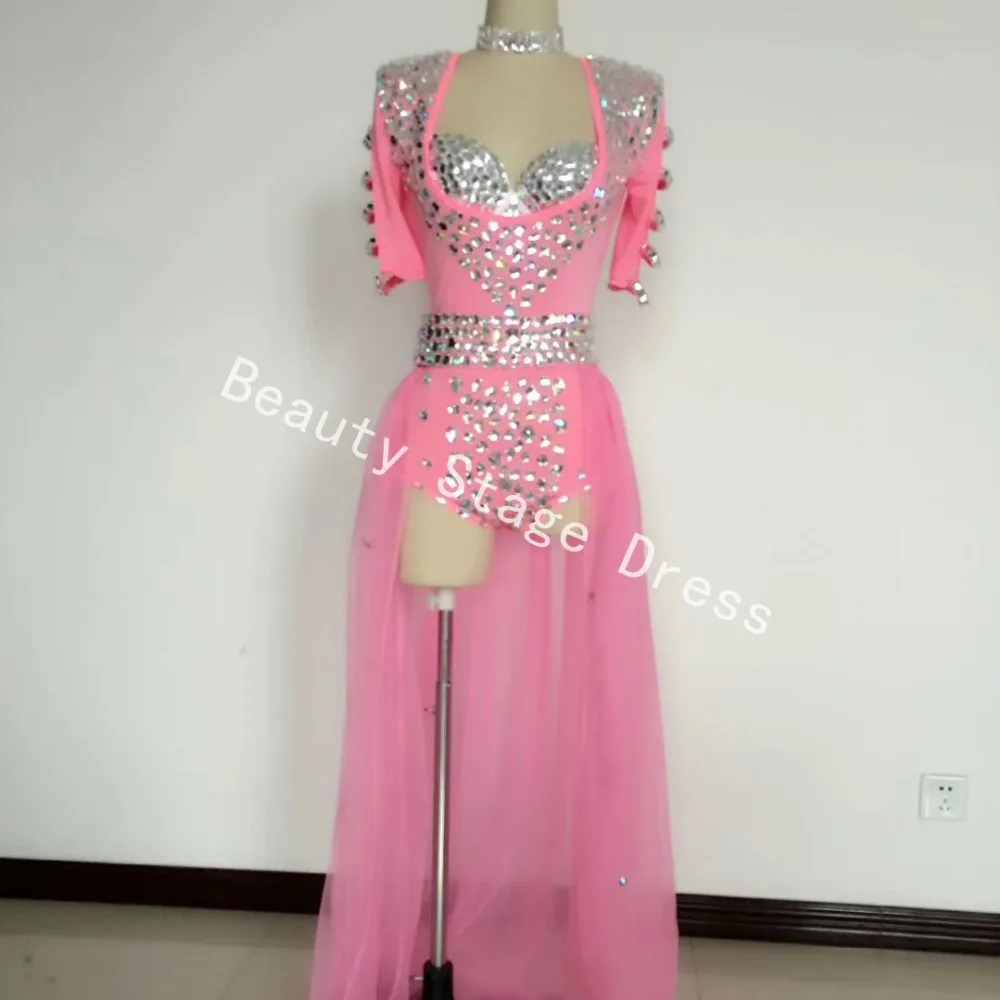 Cantante de mujer, disfraz de neón, rosa, blanco, Dj, Ds, polvo, cristales brillantes, diamantes de imitación, moda de tren, Epaulette, ropa de baile para club nocturno
