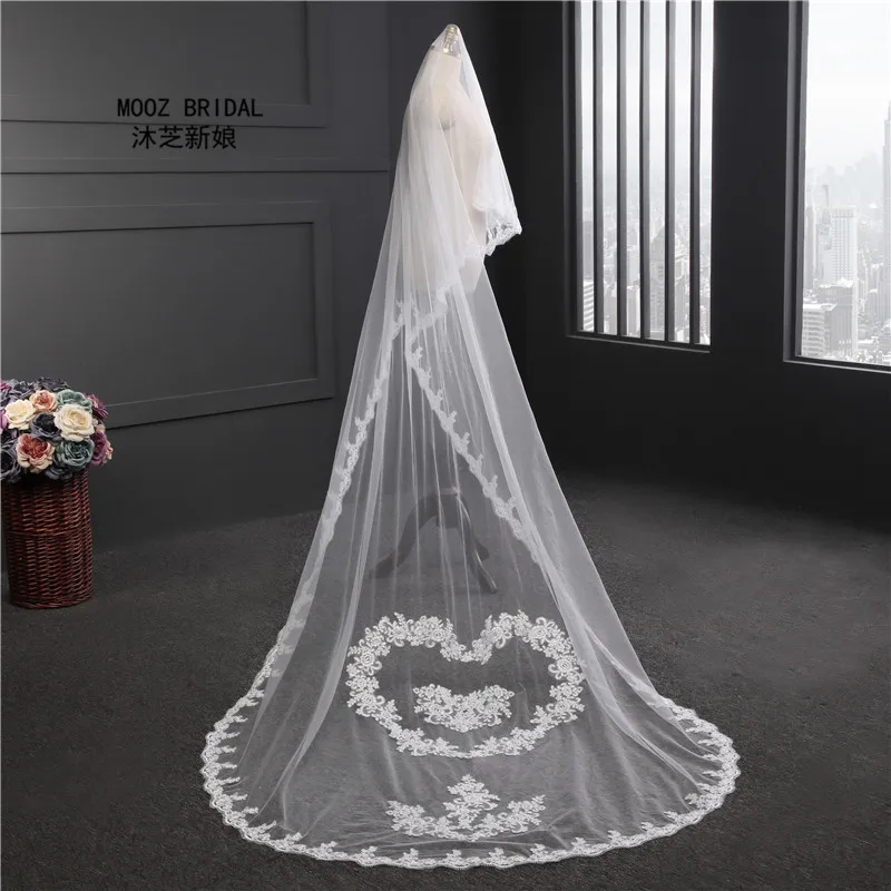 017 Bridal Veils Een Layer Lace Edge Applicaties Sweetheart Staart Kathedraal Lengte Nieuwe Stijl Bruiloft Sluier