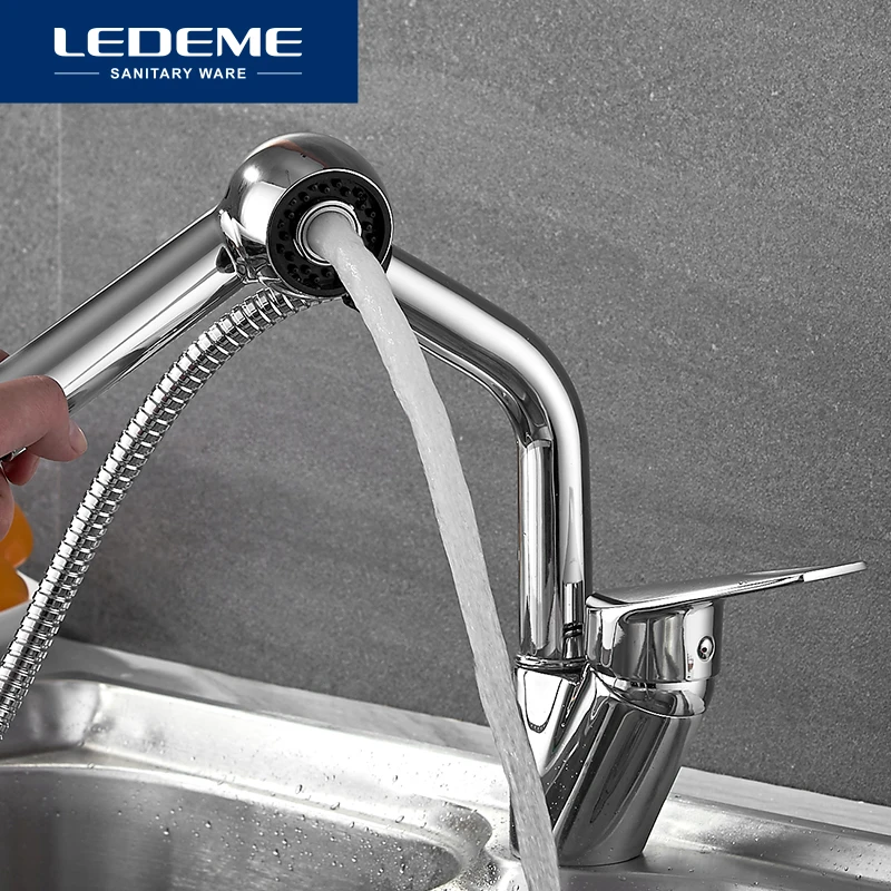 LEDEME Kitchen Faucet Kitchen Pull Out Single Hole Ceramic Plate 360 Rotate Contemporary Faucet Sink Cold/Hot Water L6040