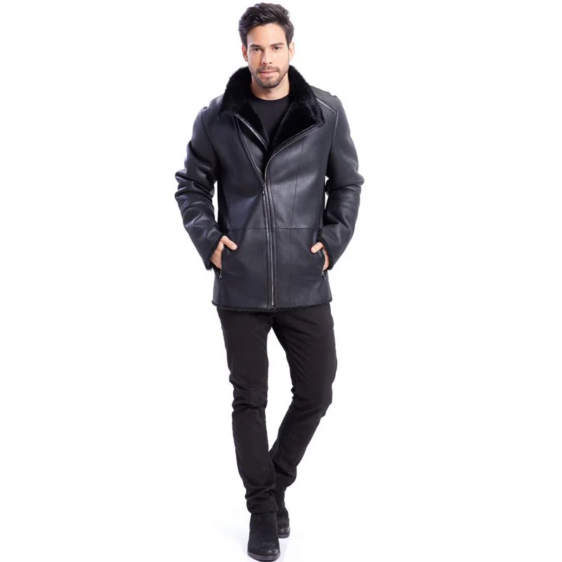 

Mens New Style Leather Shearling Jacket Warm Exposed Shearling Notched Collar Black Business Casual Coat Leather