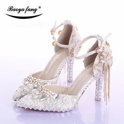 Chaussures de mariage personnalisées pour femmes, sandales à la mode, talon fin, pompon en cristal, robe de soirée, escarpins hauts, perle ivoire