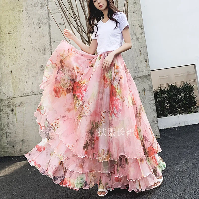 Bohemia Fashion Sweet Cute Holiday Pink Floral Chiffon Long Maxi Female Skirt Summer Designs Plus Size Faldas Largas Elegantes