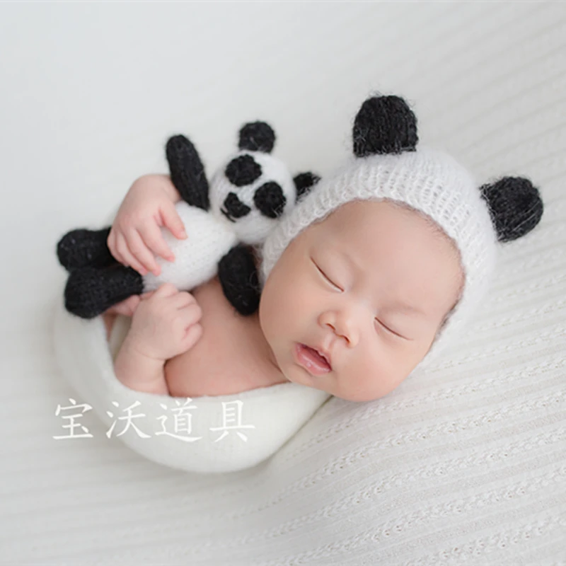 

Newborn Knit Angora Bonnet And Toy Panda Handmade Knitted Mohair Hat With Ears Newborn Photography Props