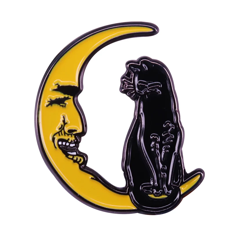 Black scared cat on smiling moon lapel pin magical witchy badge retro Halloween accessories