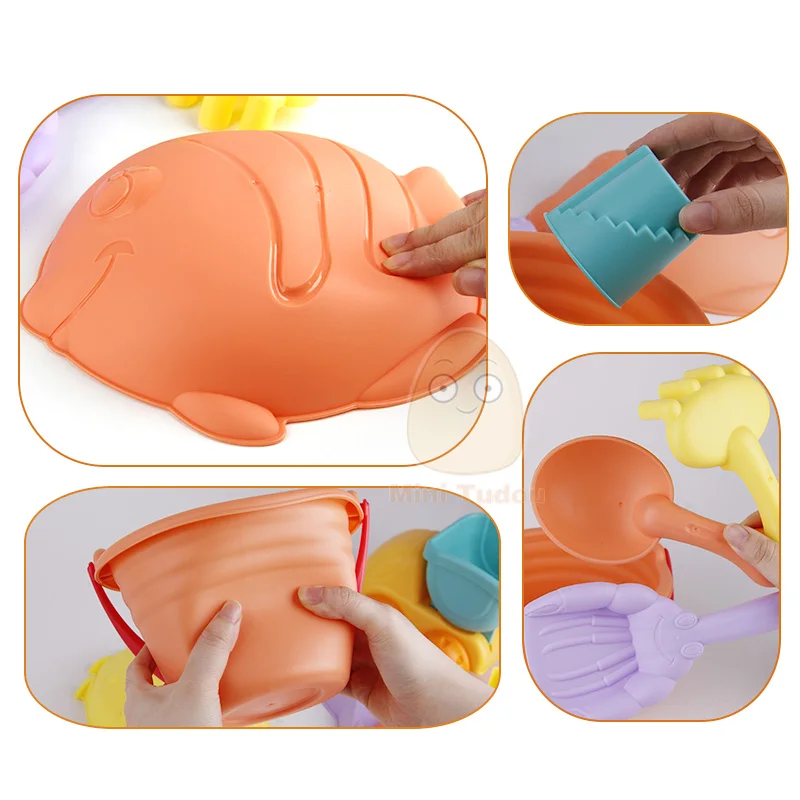 Summer Silicone Soft Baby Beach Toys Kids Mesh Bag Bath Play Set Beach Party Cart Ducks Bucket Sand Molds Tool Water Game