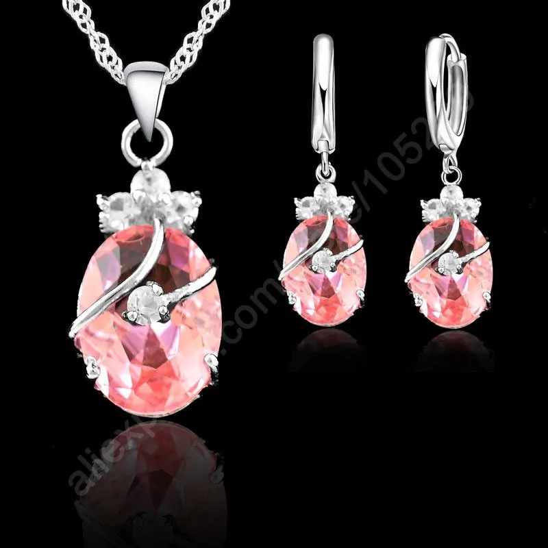 Charming Newest 925 Sterling Silver Women Jewelry Sets Austrian Crystal Waterdrop Pendant Necklace Earrings Wedding Sets