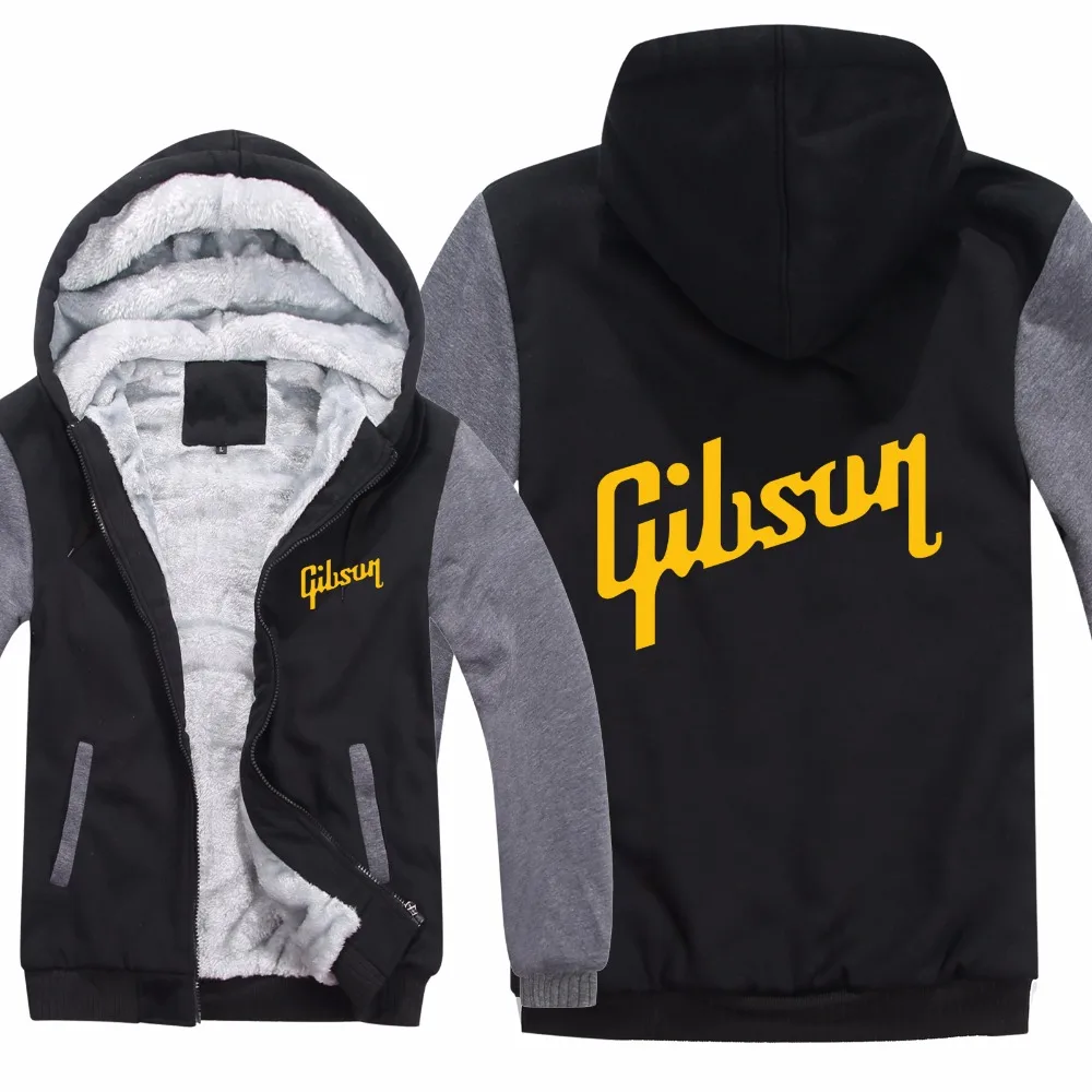 Winter Warm Guitar brand Gibson Logo Mens Zipper Hoodies Fleece Thicken Music Fans Fashion Jacket Sweatshirt Coat