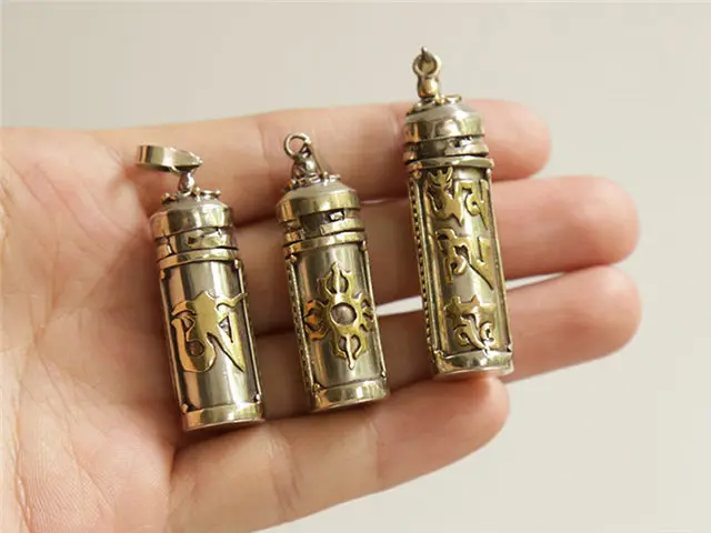 TGB088 Tibetan Mantras Amulet Prayer Box White Metal Copper Cylinder Pendant OM KALACHAKRA DORJE