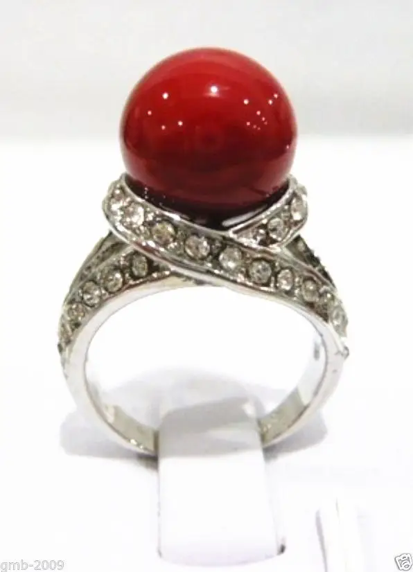 Free shipping Rare 12mm Coral Red South Sea Shell Pearl 18KGP Ring Size 7/8/9 AAA