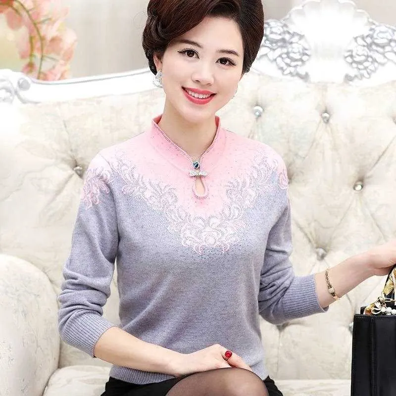 Women Cashmere Sweater V-Neck Autumn Middle-aged Mother Pullovers Fashion Slim Knit Coat Female Blouse Large Size Knitwear W1085