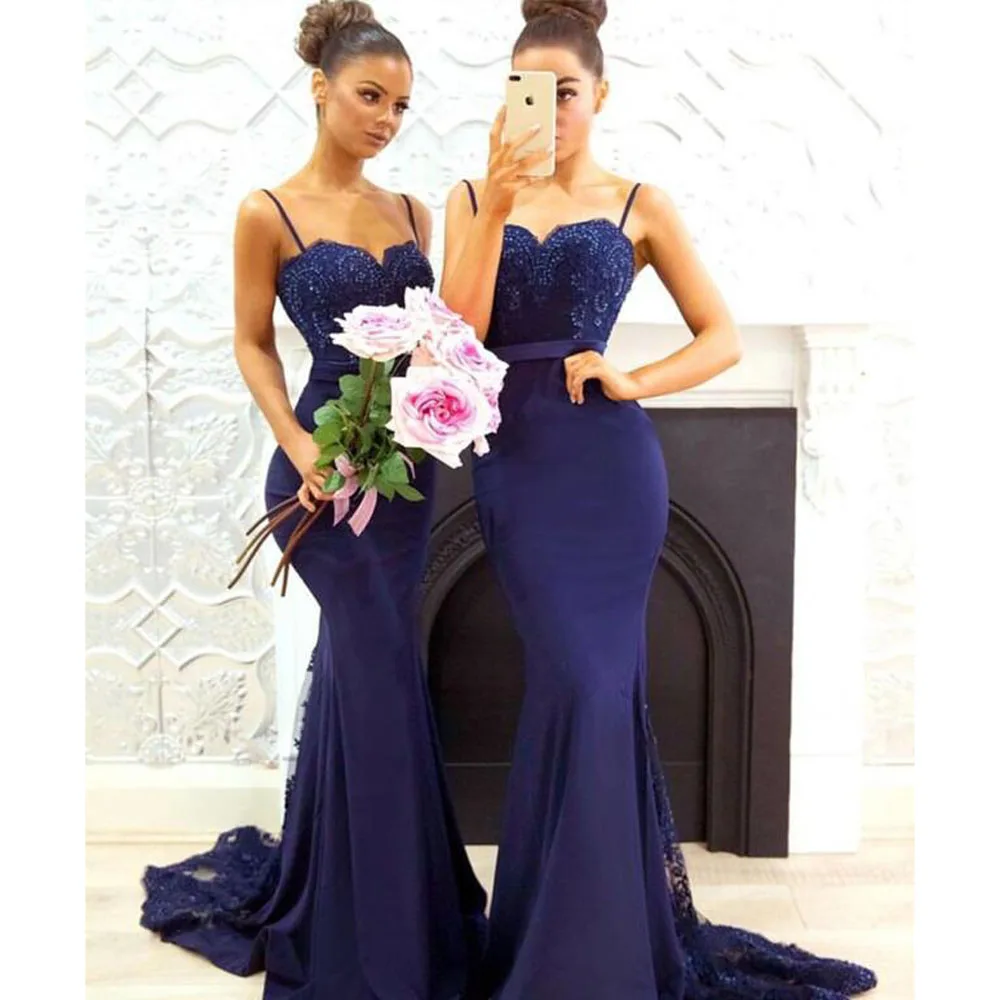 2019 abiti da damigella d'onore sirena blu Navy lunghi con cinturini Appliques abito da festa di nozze abito da damigella d'onore in raso elastico