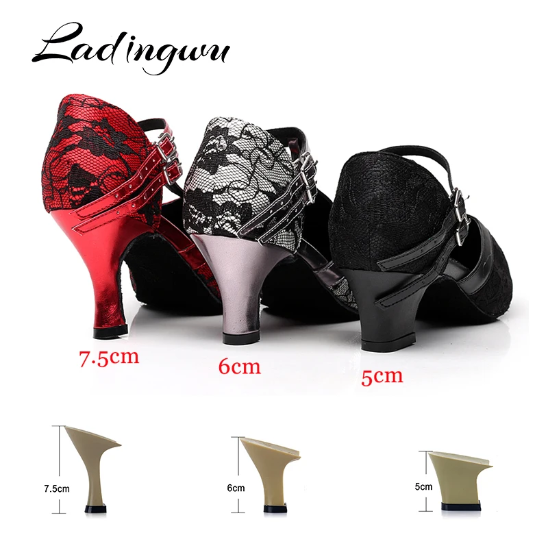 Ladingwu Women Lace  Latin Dance Shoes Salsa Waltz Dance Shoes Red Gray Black Shoes Ballroom Dancing For Women Heel 5/6/7.5cm