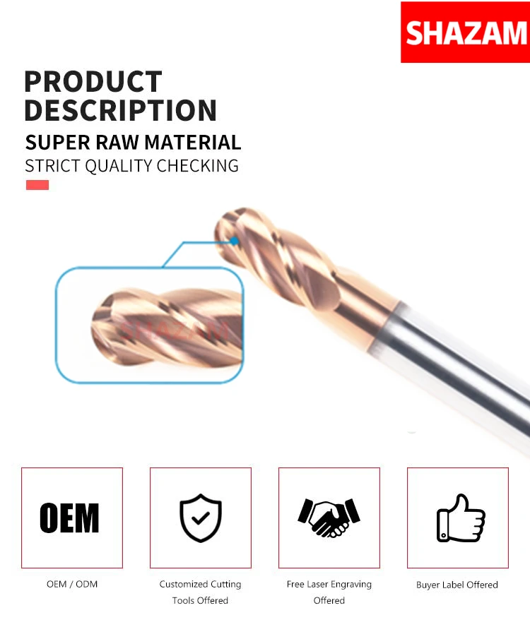 Milling Cutter Hrc58 Ball Nose Alloy 4Flute Blade Tungsten Steel Tools Cnc Maching SHAZAM Wholesale Top Machine Cutter For Steel