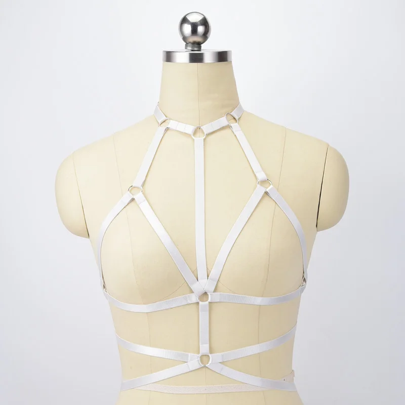 White Polyester Harness Sexy Crop Top Lingerie Bondage Harness 90\'s Open Chest Cage Bra Harajuku Style Wedding Garters O0555