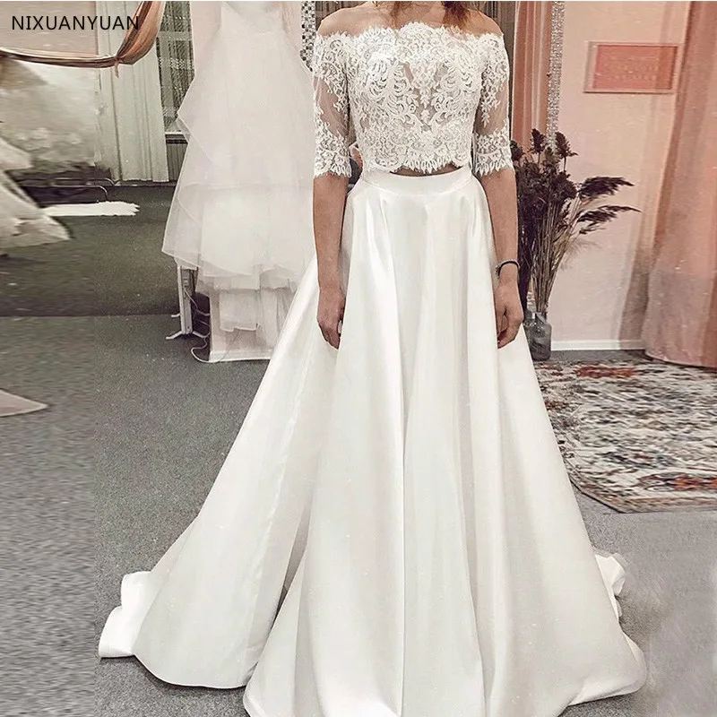 Zweiteilige Brautkleider mit halben Ärmeln 2023 neue Vestido de Novia Spitze Top Satin Rock Brautkleider Sweep Zug