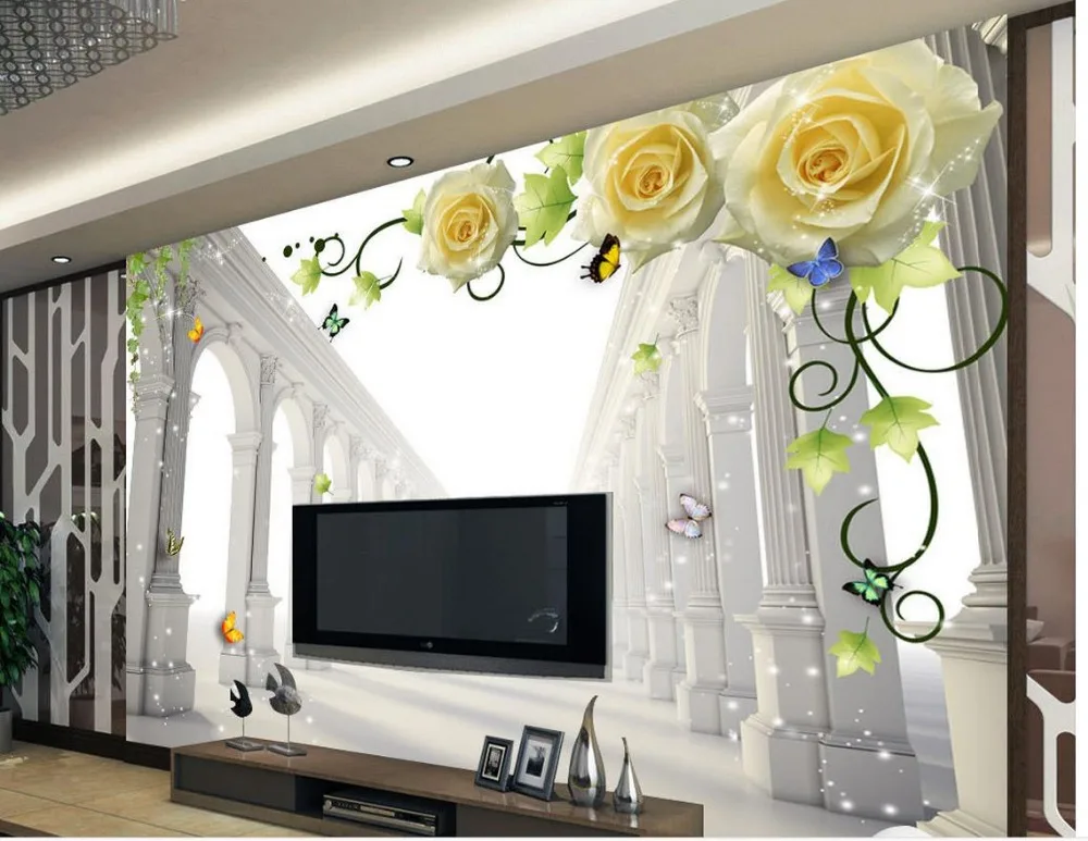 Custom 3d mural wallpaper European style Rose Roman column space Home Decoration Non woven wallpaper