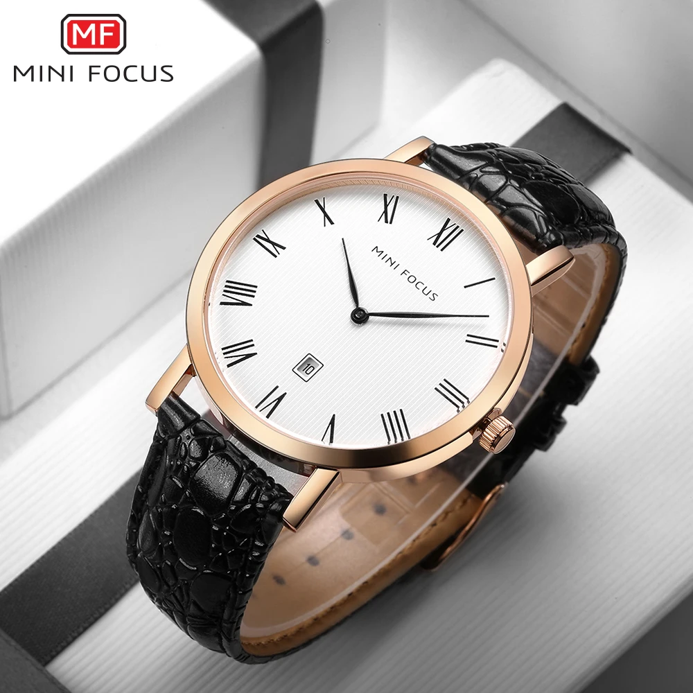 MINI FOCUS Men\'s Fashion Ultra-thin Dial Wristwatch Top Brand Luxury Genuine Leather Business Quartz Date Display Men WristWatch