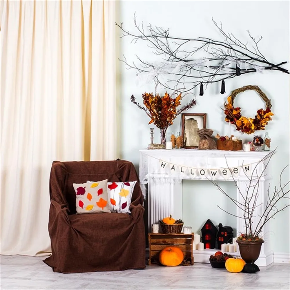 

Halloween Photography Background Printed Curtain Chair Pumpkins Maple Leaves Garland Kids Indoor Party Photo Booth Backdrop