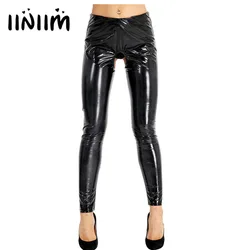 Black Women Lingerie Wet Look Patent Leather Open Crotch and Open Butt Pants Skinny Stretchy Legging Clubwear Sexy Trousers