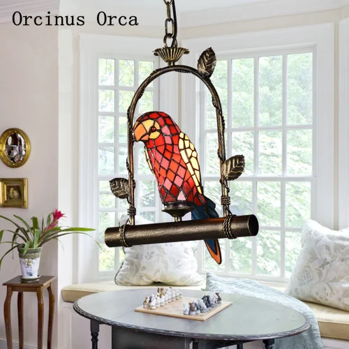 European retro coloured parrot chandelier living room dining hall corridor Mediterranean LED glass bird Chandelier