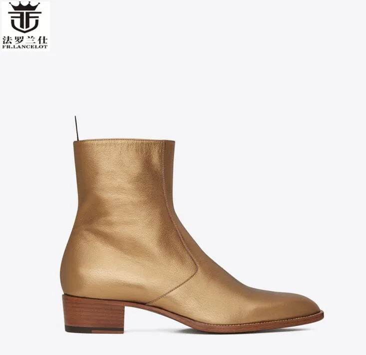 Fr.Lancelot British Style Chelsea Boots Men Cow Leather Boots Ankle Fashion Shoes High Top Zip Men Party Dress Boots Men