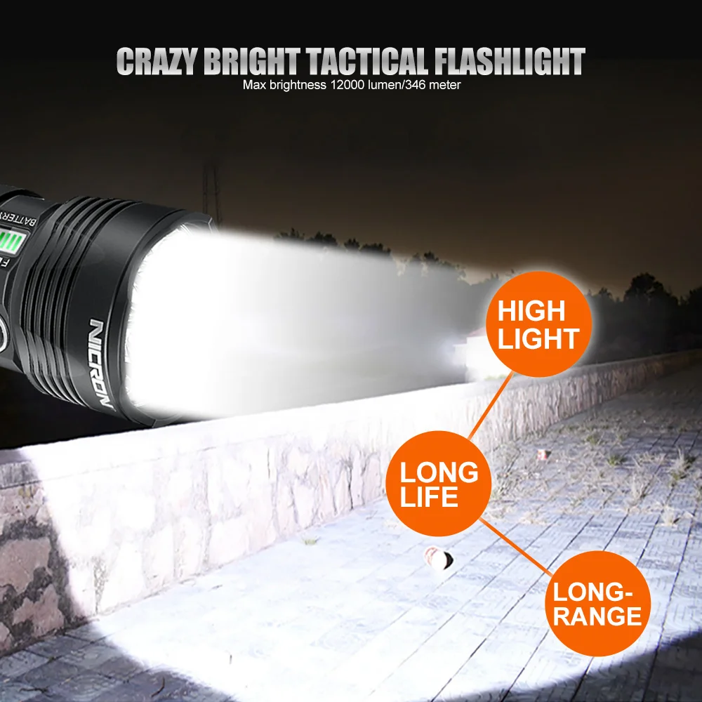 NICRON B400 LED Tactical Flashlight Super Bright 12,000LM High Lumen Beam distance 346m Torch Light Waterproof Explosion proof