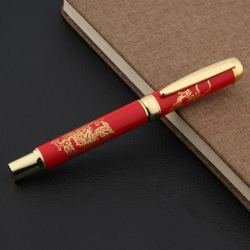 red Porcelain With Golden Dragon Painting gift Trim Rollerball Pen