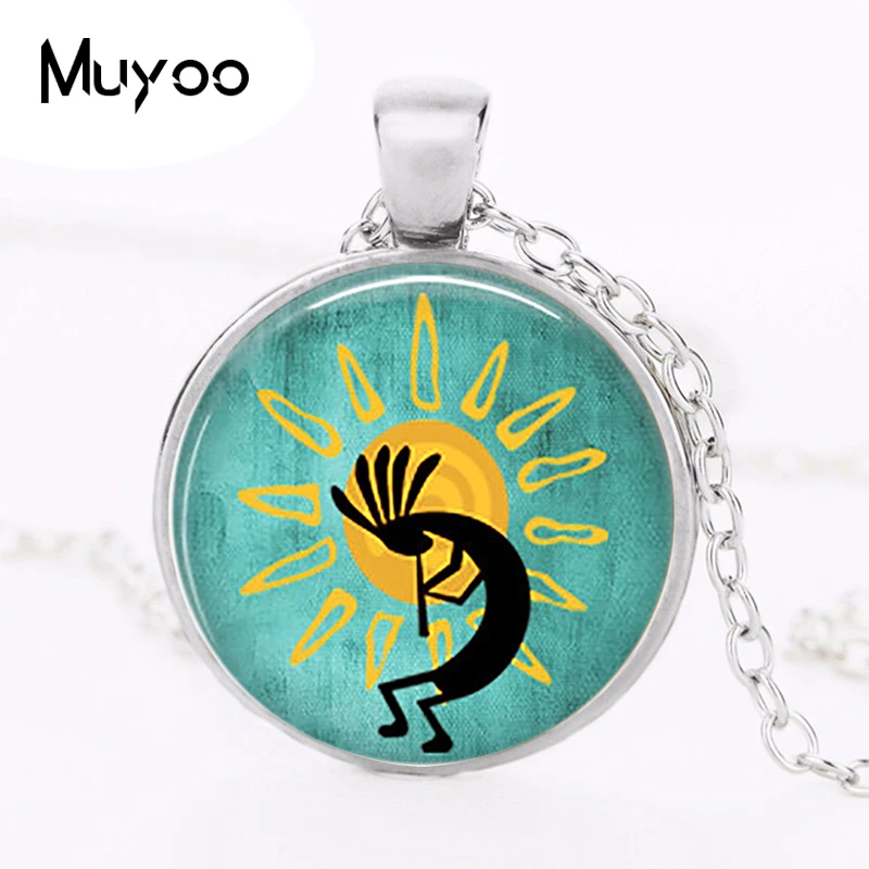 Kokopelli Sun Dance Necklace Vintage Glass Cabochon Flute Player Pendant Funny Fertility Diety Fashion Jewelry Gift Woman HZ1