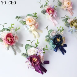 YO CHO Wedding Boutonniere Bride Wrist Corsage Artificial Rose Flower Groom Brooch Pins Wedding Meeting Party Personal Decor