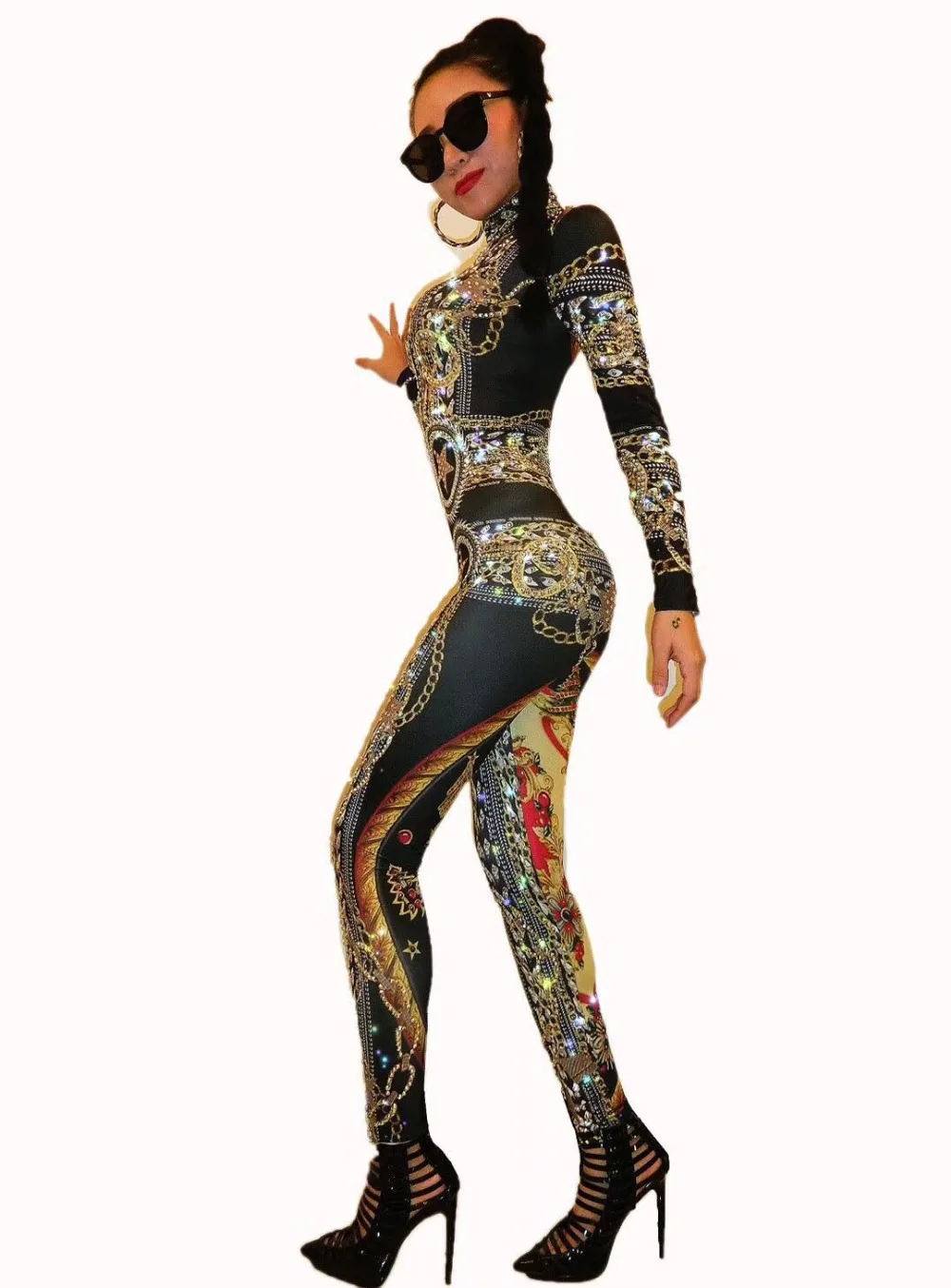 Glisten Rhinestones Pattern Printed Jumpsuit Women\'s Sexy Stretch Unique Bodysuit Costume Female Singer Dance Stage Wear