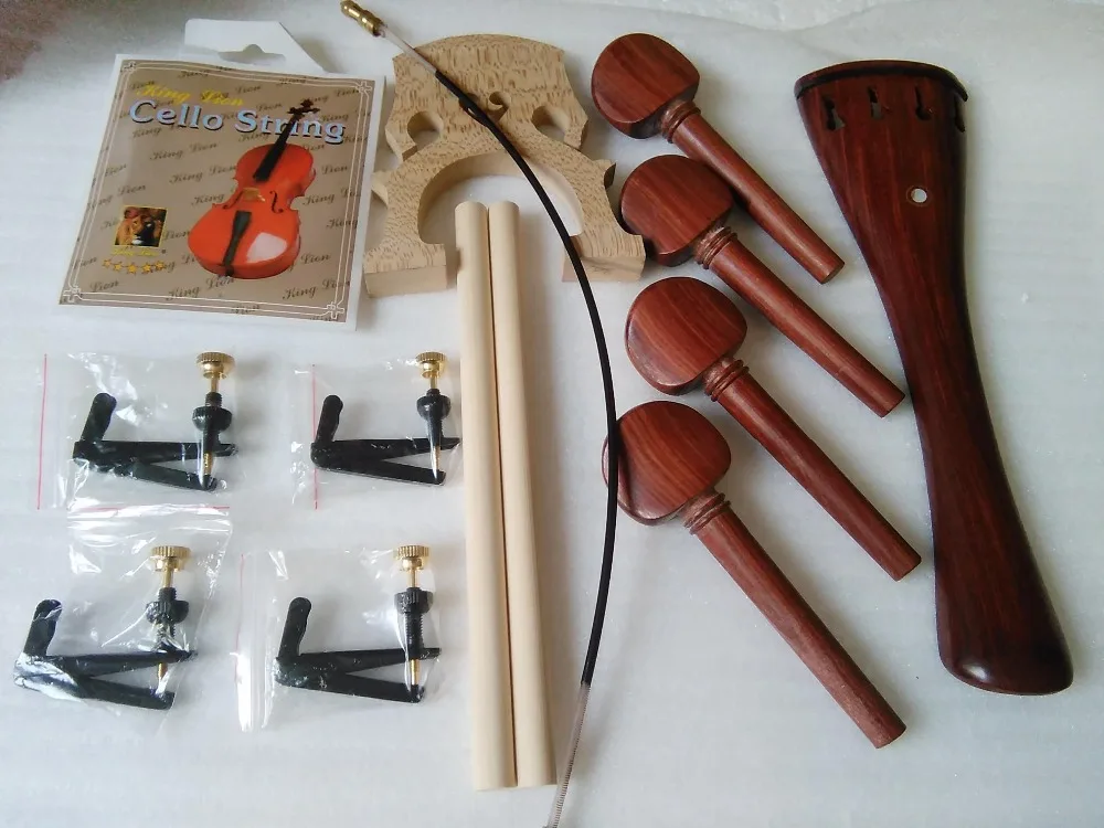 1 Set Rose wood Cello Parts 4/4 including cello tail piece 4 pcs pegs+2 sound post+4 string adjuster+cello gut etc all 4/4 SF40