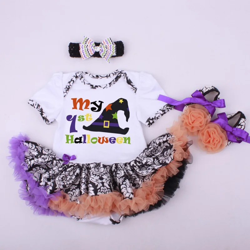 Halloween Baby Girl Clothing Sets Pumpkin Romper Dress Jumpersuit+Headband+Shoes 3pcs Suit Bebe Infant Festival Costumes