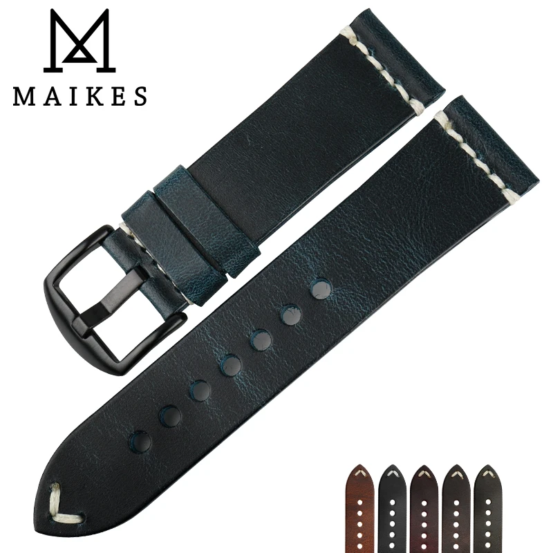 MAIKES Vintage Oil Wax Leather Watch Band Watch Accessories Bracelet 20mm 22mm 24mm Blue Watchband Watch Strap For Omega MIDO