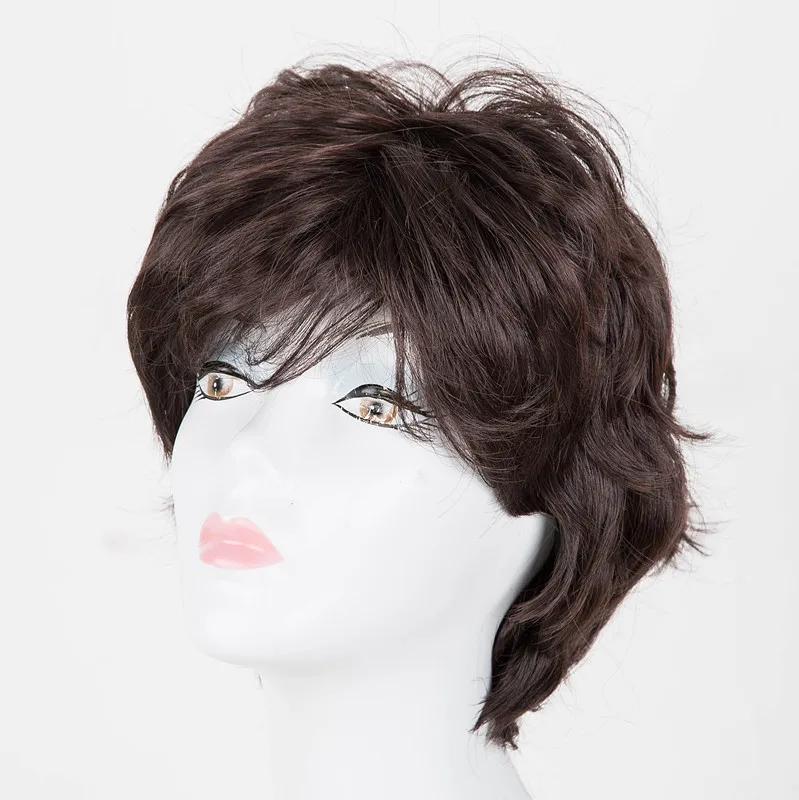 Mama\'s Wig Fei-Show Synthetic Short Wavy Dark Brown Hair Heat Resistant Fiber Male/Female Peruca Perruque Women Hairpiece Toupee