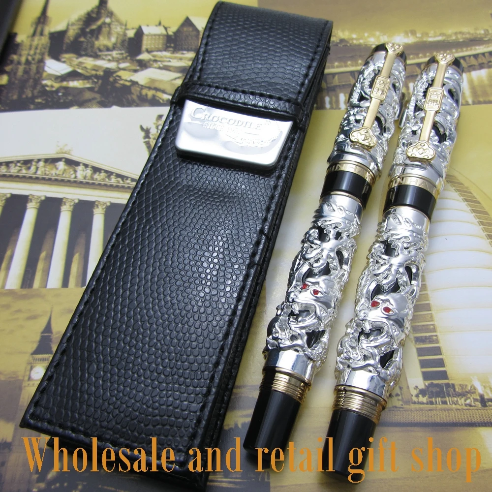 2pcs pen Jinhao Dragon Phoenix Heavy Silver Chinese Classical Luck Clip and pen bag