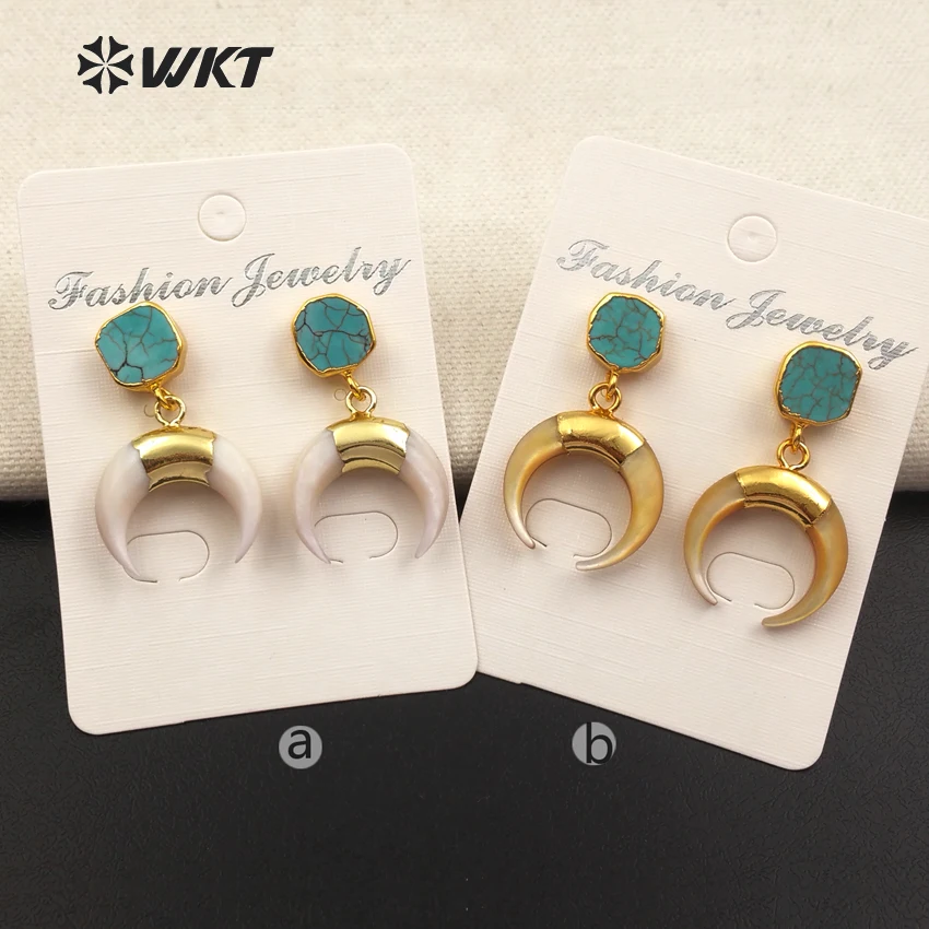 WT-E427 New Vintage Design Crescent Shape Natural Shell Drop Earring With Green Stone On Top Push  Earring For Fashion Women