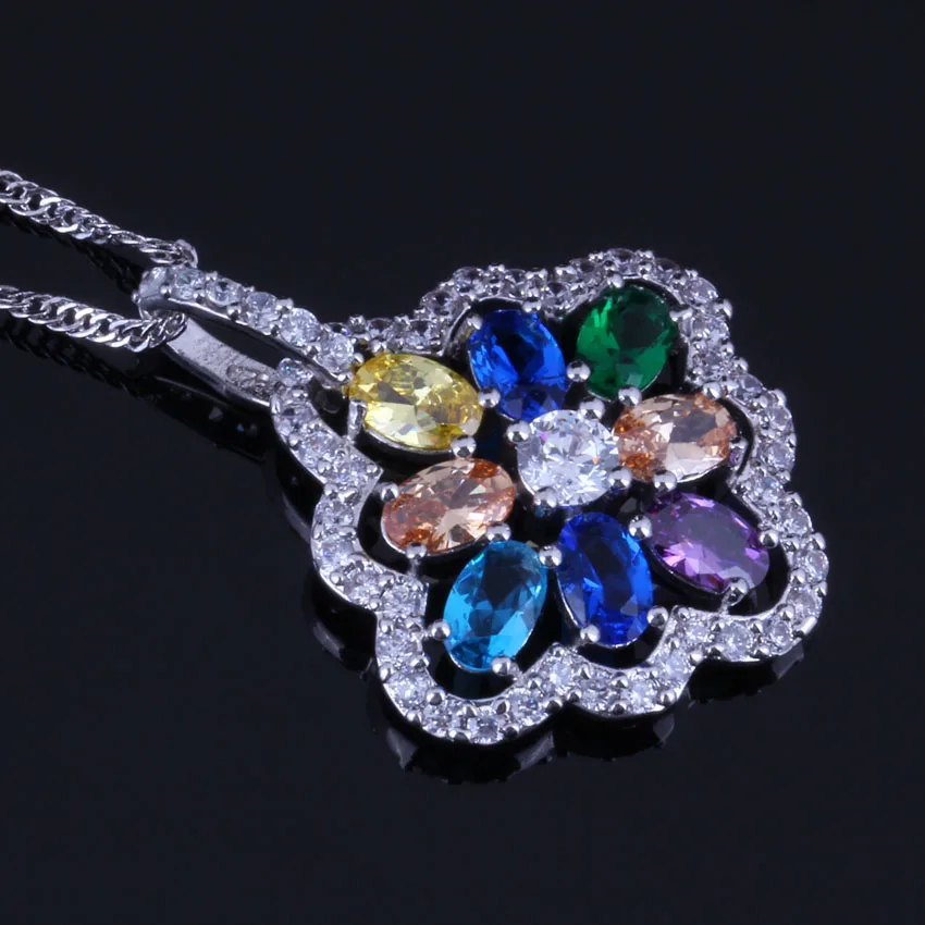 Flower Multigem Multicolor Yellow Cubic Zirconia Silver Plated Jewelry Sets Earrings Pendant Chain Ring V0289